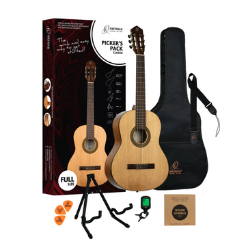 Pack de Guitarra Acustica Full Size Natural con bolsa, afinador, soporte, correa, cuerdas y púas.