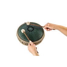 Tambor Metálico de Lengüetas 10" – Octava Media, Fa# Menor, 8 Notas, 432 Hz, Verde Oscuro